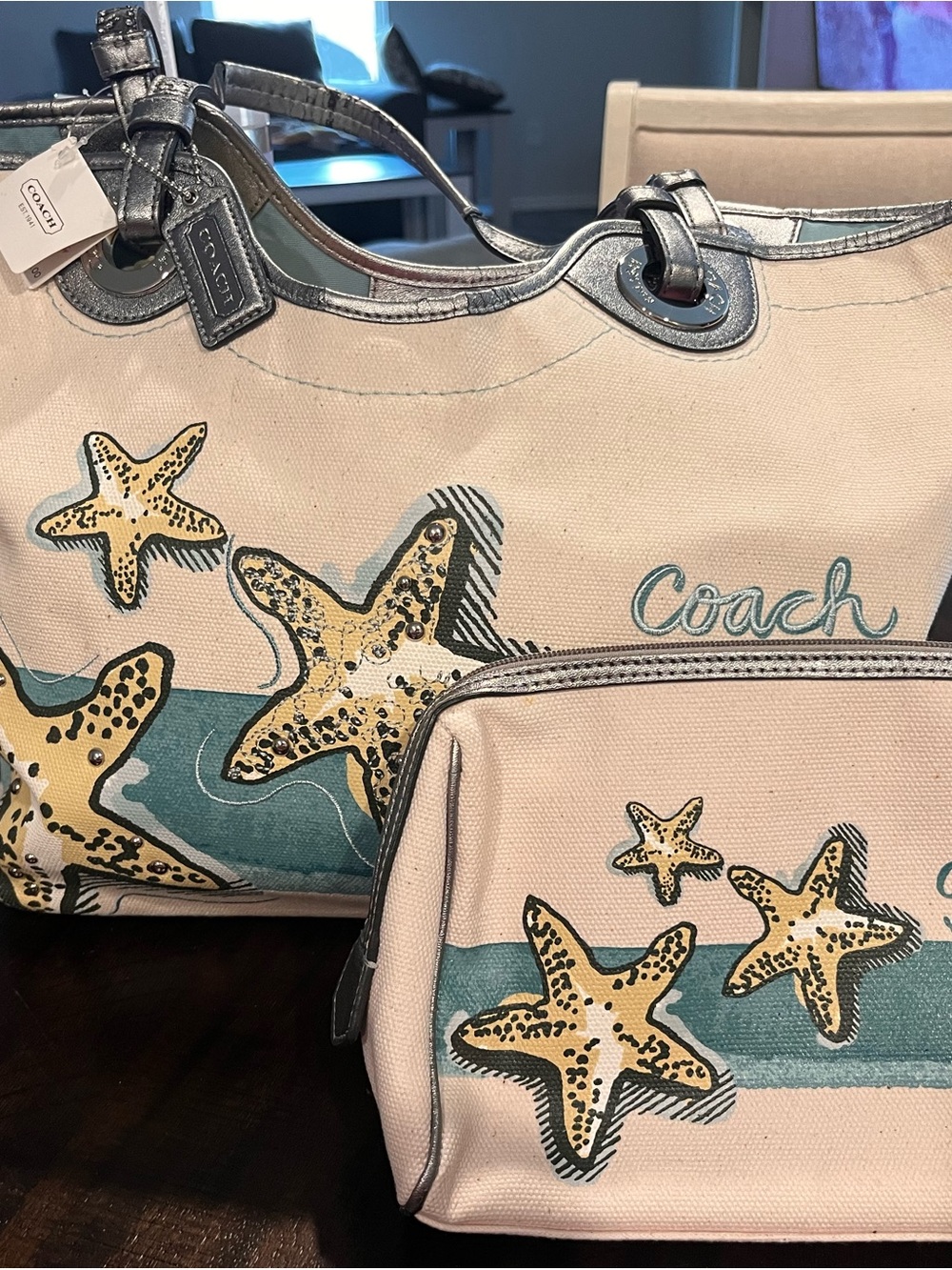 Coach Starfish Canvas Tote and Pouch in Beige, Teal and Yellow